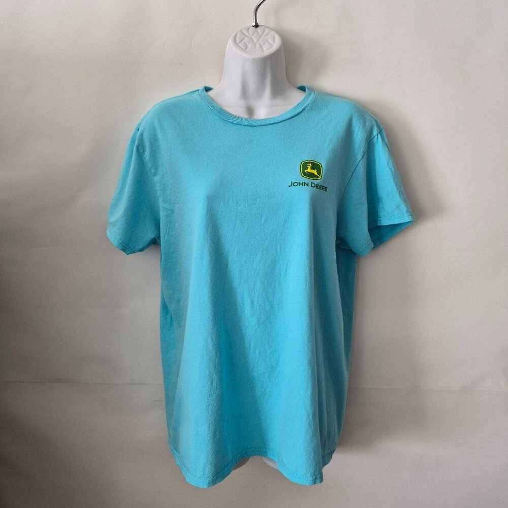 John Deere Women L Shirt Short Sleeve Blue Turquoise Cotton Shirt Rise And Shine